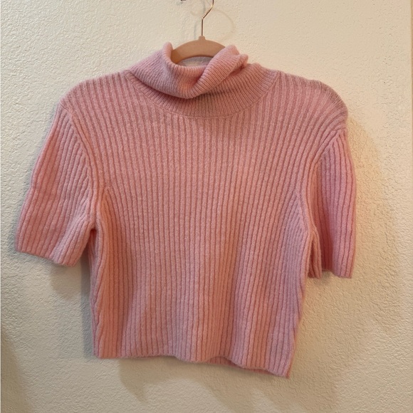 House of Harlow 1960 Sweaters - House of Harlow 1960 Pink Ribbed Short-Sleeve Turtleneck Sweater